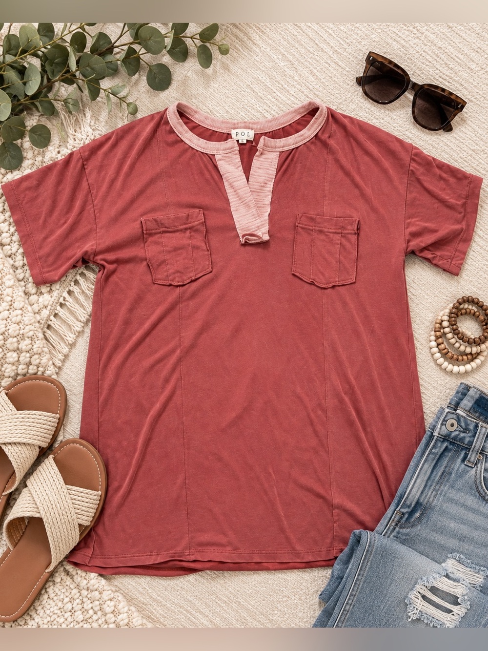 POL Rust Pink Oversized Boho Tunic Top Split Neck Double Pocket Large